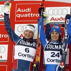 Julia Mancuso (USA), Karen Putzer (ITA) and Denis Karbon (ITA), 2007, Cortina d'Ampezzo ©AP Photo/Alessandro Trovati 