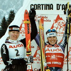 Katja Seizinger (GER), Deborah Compagnoni (ITA) and Sonja Nef (SUI), 1997, Cortina d'Ampezzo ©Ap Photo/Armando Trovati 