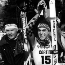 Daniel Mahrer (SUI), Kristian Ghedina (ITA) e Helmut Hoeflehner (AUT) Cortina d'Ampezzo 1990 ©Pentaphoto 